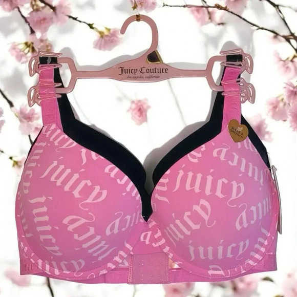 Juicy Couture  Sexy Pink Logo & Solid Black Push-up Bra 2 Piece set Size 42D - Picture 1 of 8